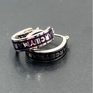 Marc by Marc Jacobs Logo Purple Enamel Silver Tone Small Hoop Earrings